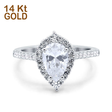 14K White Gold Teardrop Pear Art Deco Bridal Wedding Engagement Ring Simulated CZ Size-7